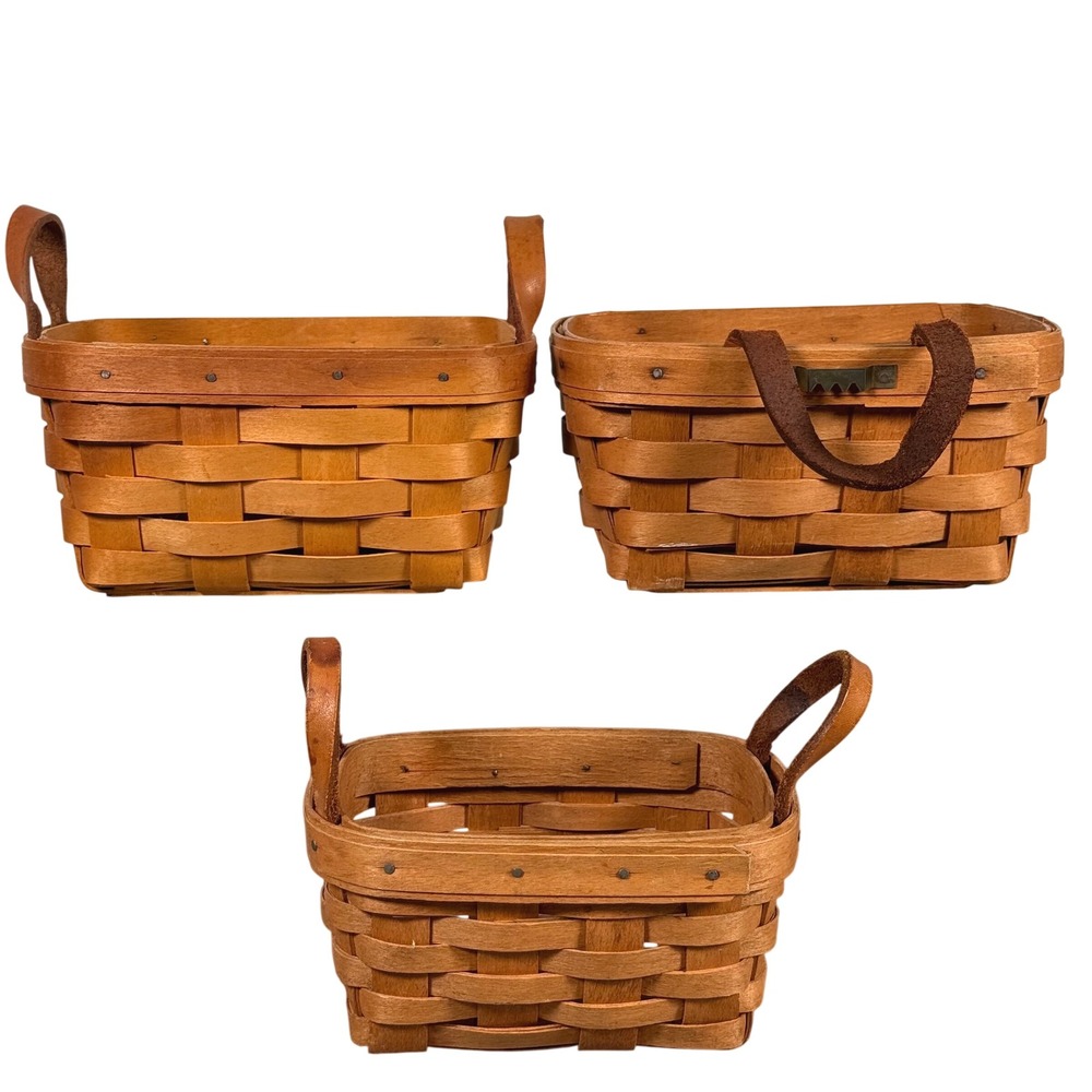 Longaberger Handwoven Baskets Set of 3 Leather Handles Brown Vintage USA Made